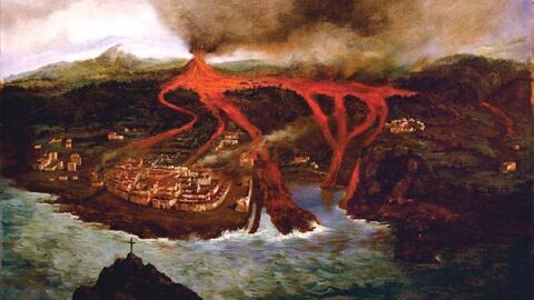 Recreaci&oacute;n de la erupci&oacute;n que arras&oacute; Garachico en 1706, por el pintor Ubaldo Bordanova