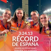 Oro mundial y récord española del 4x400 femenino con Paula Sevilla Oro mundial y récord española del 4x400 femenino con Paula Sevilla