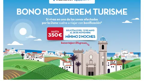 Turisme CV abre este lunes la inscripción al programa Bono Viaje ‘Recuperem Turisme’ 2025 dirigido a personas damnificadas por las riadas Turisme CV abre este lunes la inscripción al programa Bono Viaje ‘Recuperem Turisme’ 2025 dirigido a personas damnificadas por las riadas