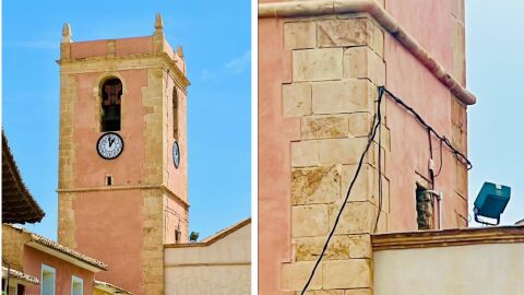 Cableado entorno a la torre de la iglesia fortaleza de la Asunci&oacute;n