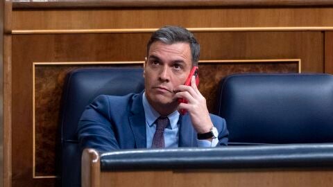 Pedro S&aacute;nchez hablando por tel&eacute;fono en una sesi&oacute;n de control al Gobierno en julio de 2022