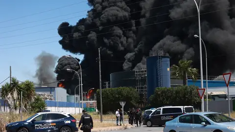 La columna de humo negro en la fábrica debido al incendio La columna de humo negro en la fábrica debido al incendio