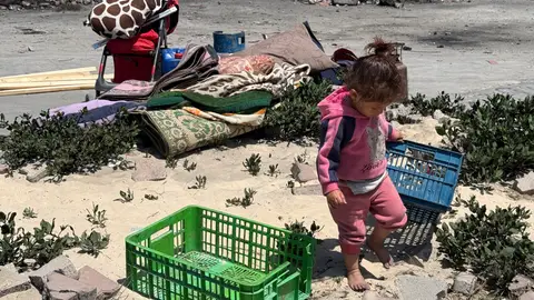 Una niña juega con una caja en el puerto en la Ciudad de Gaza, donde miles de personas desplazadas por los ataques israelíes han encontrado refugio, este martes. Al menos 53 palestinos, entre ellos mujeres y niños, han muerto desde la medianoche de este martes en nuevos ataques del Ejército contra el norte y el centro de la devastada Franja de Gaza, confirmaron fuentes médicas. Una niña juega con una caja en el puerto en la Ciudad de Gaza, donde miles de personas desplazadas por los ataques israelíes han encontrado refugio, este martes. Al menos 53 palestinos, entre ellos mujeres y niños, han muerto desde la medianoche de este martes en nuevos ataques del Ejército contra el norte y el centro de la devastada Franja de Gaza, confirmaron fuentes médicas.
