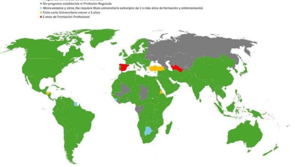 Mapamundi de la formación y entrenamiento de los Radiographers por Estados. Rincón Gayán L, Alfayate Sáez E, Estarriaga Ansó J. “Repositorio mundial de Universidades: Grado Universitario en la profesión Radiographer”