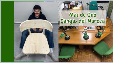 Mateo Magaz con uno de los dise&ntilde;os en los que ha participado, la silla Kram