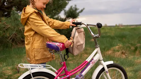 Niña con una bicicleta en el campo Niña con una bicicleta en el campo