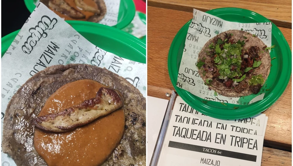 Así sirven el taco de foie con mole de guayaba (izq.) y el taco campechano de sudadero con longaniza (der.) Así sirven el taco de foie con mole de guayaba (izq.) y el taco campechano de sudadero con longaniza (der.)