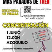 El domingo a las 12 en la Plaza Mayor se celebra la concentración en contra de la supresión de las paradas del AVE en Segovia El domingo a las 12 en la Plaza Mayor se celebra la concentración en contra de la supresión de las paradas del AVE en Segovia