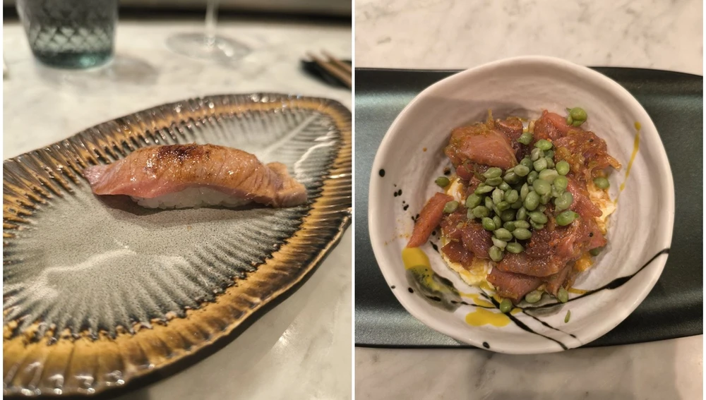 El nigiri de 'crema catalana' (izq.); bol de atún picante, huevos fritos y guisantes lágrima. El nigiri de 'crema catalana' (izq.); bol de atún picante, huevos fritos y guisantes lágrima.