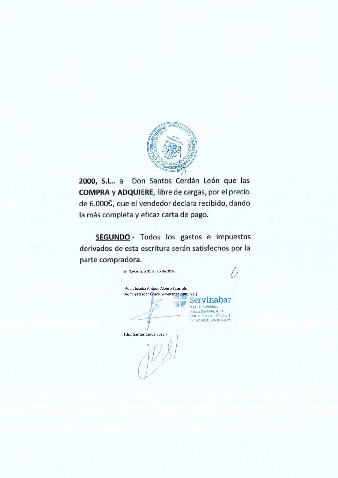 La UCO entrega al Supremo el contrato por el que Santos Cerdán pagó 6.000 euros por el 45% de Servinabar La UCO entrega al Supremo el contrato por el que Santos Cerdán pagó 6.000 euros por el 45% de Servinabar