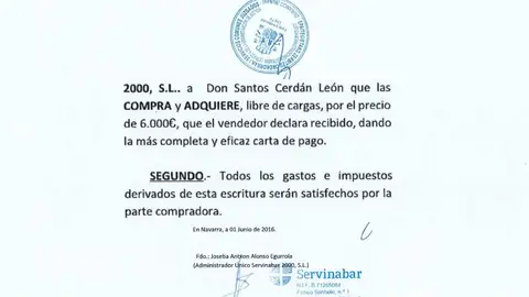 La UCO entrega al Supremo el contrato por el que Santos Cerdán pagó 6.000 euros por el 45% de Servinabar La UCO entrega al Supremo el contrato por el que Santos Cerdán pagó 6.000 euros por el 45% de Servinabar