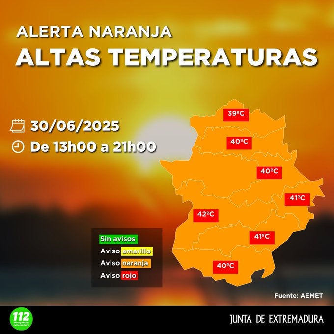 Toda Extremadura permanecerá en alerta naranja por altas temperaturas este lunes Toda Extremadura permanecerá en alerta naranja por altas temperaturas este lunes