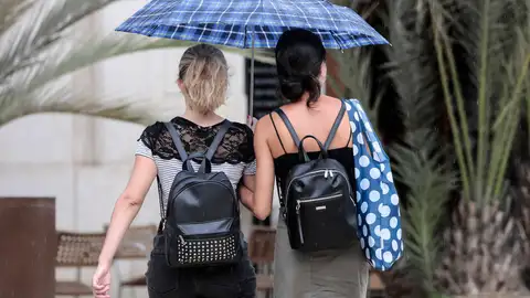 Dos jóvenes se resguardan de la lluvia. Dos jóvenes se resguardan de la lluvia.