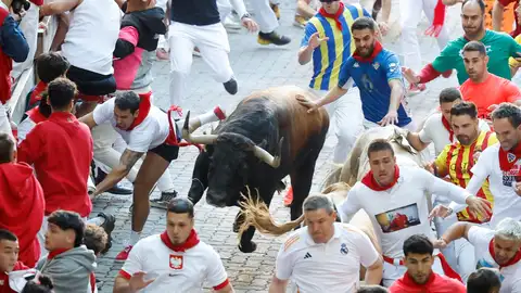 Los mozos son perseguidos por uno de los toros de la ganadería Álvaro Núñez durante el tercer encierro de San Fermín Los mozos son perseguidos por uno de los toros de la ganadería Álvaro Núñez durante el tercer encierro de San Fermín