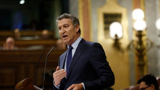 El presidente del PP, Alberto N&uacute;&ntilde;ez Feij&oacute;o, durante su intervenci&oacute;n