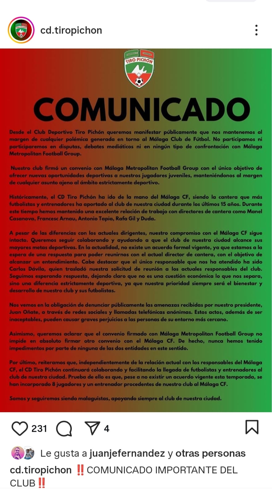 El presidente del Tiro Pichón denuncia amenazas de muerte tras su vinculación al Malacitano El presidente del Tiro Pichón denuncia amenazas de muerte tras su vinculación al Malacitano