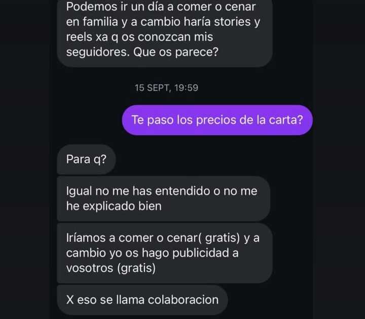 "¿Te paso los precios de la carta?": la viral respuesta de un restaurante a una "influencer" que quería comer gratis en Alzira "¿Te paso los precios de la carta?": la viral respuesta de un restaurante a una "influencer" que quería comer gratis en Alzira