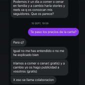 Conversación de la "influencer" y el restaurante. 