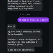 Conversación de la "influencer" y el restaurante. Conversación de la "influencer" y el restaurante.