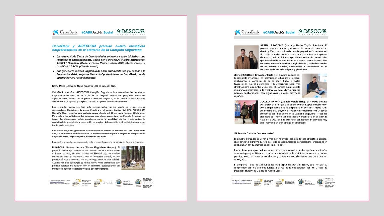 AIDESCOM y CaixaBank premian cuatro iniciativas emprendedoras de la campiña segoviana en la convocatoria Tierra de Oportunidades AIDESCOM y CaixaBank premian cuatro iniciativas emprendedoras de la campiña segoviana en la convocatoria Tierra de Oportunidades