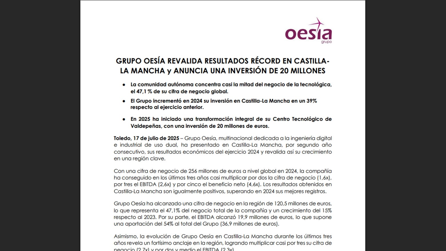 Grupo Oesia destinará 20 millones de euros a la creación de puestos de trabajo y aumento de producción Grupo Oesia destinará 20 millones de euros a la creación de puestos de trabajo y aumento de producción