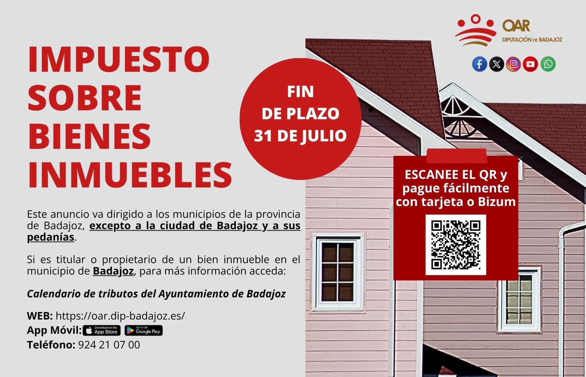 El plazo para pagar el IBI en la provincia finaliza el 31 de julio excepto para la ciudad de Badajoz y sus pedanías El plazo para pagar el IBI en la provincia finaliza el 31 de julio excepto para la ciudad de Badajoz y sus pedanías