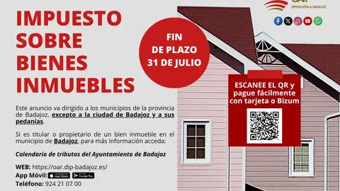 El plazo para pagar el IBI en la provincia finaliza el 31 de julio excepto para la ciudad de Badajoz y sus pedanías El plazo para pagar el IBI en la provincia finaliza el 31 de julio excepto para la ciudad de Badajoz y sus pedanías