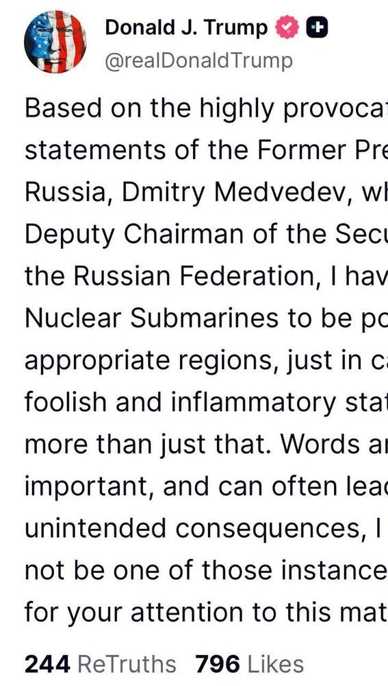 Trump anuncia el despliegue de dos submarinos Medvedev nucleares por las palabras de Me en su red social Trump anuncia el despliegue de dos submarinos Medvedev nucleares por las palabras de Me en su red social