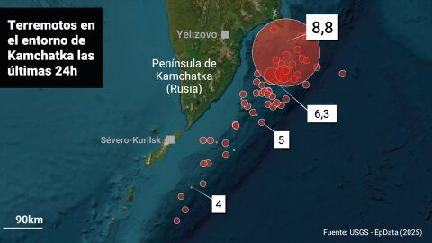 Mapa con localizaci&oacute;n del epicentro del terremoto de magnitud 8,8 en la escala Richter que se registr&oacute; en la pen&iacute;nsula de Kamchatka