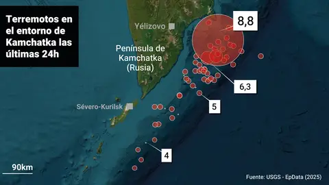 Mapa con localización del epicentro del terremoto de magnitud 8,8 en la escala Richter que se registró en la península de Kamchatka Mapa con localización del epicentro del terremoto de magnitud 8,8 en la escala Richter que se registró en la península de Kamchatka