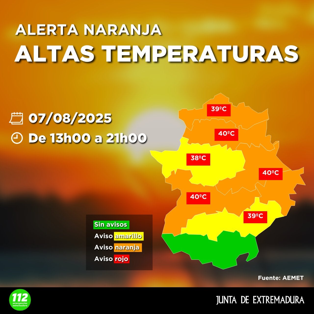 El 112 amplía alerta naranja por altas temperaturas hasta este jueves en Extremadura El 112 amplía alerta naranja por altas temperaturas hasta este jueves en Extremadura