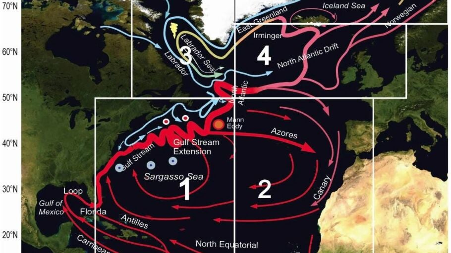 Un esquema de la circulaci&oacute;n de la capa superior del Oc&eacute;ano Atl&aacute;ntico Norte.