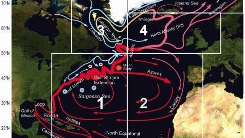Un esquema de la circulaci&oacute;n de la capa superior del Oc&eacute;ano Atl&aacute;ntico Norte.