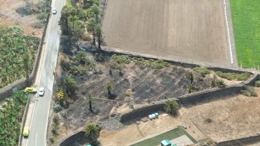 Imagen aerea del conato de incendio forestal, ya apagado, que se declaraba el 6 de agosto de 2025 en Firgas, Gran Canaria