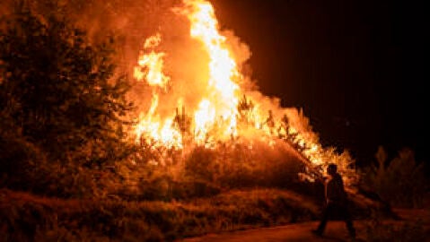 Un vecino colabora en las labores de extinci&oacute;n del incendio forestal en Carballeda de Avia 