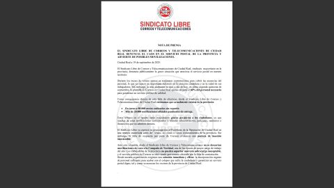 Nota de prensa de Sindicato Libre denunciando la situaci&oacute;n en Correos