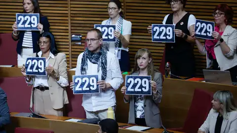 Disputado de la oposición muestran carteles con el número de fallecidos en la dana durante el Debate parlamentario de Política General o sobre el estado de la Comunitat Valenciana, el primero después de la tragedia en la que murieron 229 personas. Disputado de la oposición muestran carteles con el número de fallecidos en la dana durante el Debate parlamentario de Política General o sobre el estado de la Comunitat Valenciana, el primero después de la tragedia en la que murieron 229 personas.