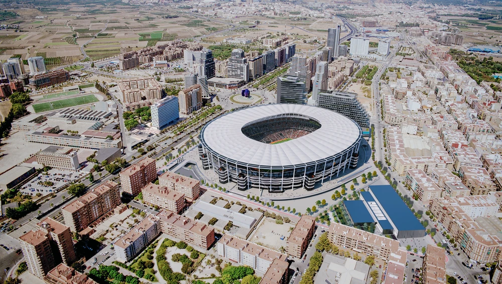 Render del Nou Mestalla con el Pabellón de Benicalap Render del Nou Mestalla con el Pabellón de Benicalap