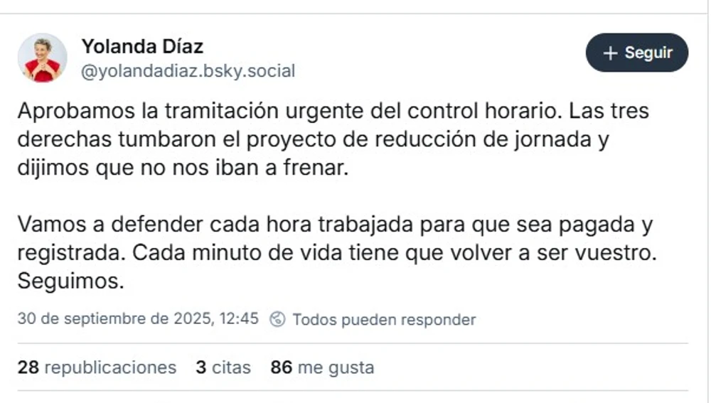 Captura de pantalla de una publicación de la ministra de Trabajo, Yolanda Díaz, en la plataforma Bluesky Captura de pantalla de una publicación de la ministra de Trabajo, Yolanda Díaz, en la plataforma Bluesky