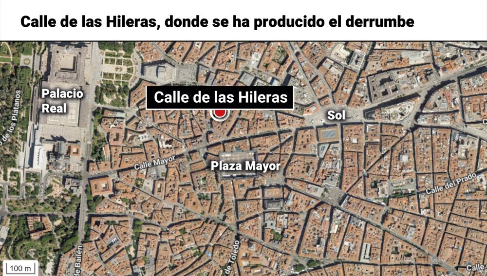 Derrumbe parcial de un edificio en obras en la zona de Ópera en Madrid