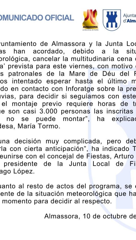 Comunicado oficial del Ayuntamiento de Almassora.