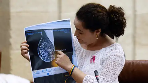 La portavoz de Por Andalucía, Inmaculada Nieto, muestra una mamografía durante su intervención en la sesión de control al Ejecutivo en el pleno del Parlamento autonómico en el que se debate los fallos en los cribados del cáncer de mama, este jueves en Sevilla. La portavoz de Por Andalucía, Inmaculada Nieto, muestra una mamografía durante su intervención en la sesión de control al Ejecutivo en el pleno del Parlamento autonómico en el que se debate los fallos en los cribados del cáncer de mama, este jueves en Sevilla.