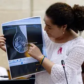 La portavoz de Por Andalucía, Inmaculada Nieto, muestra una mamografía durante su intervención en la sesión de control al Ejecutivo en el pleno del Parlamento autonómico en el que se debate los fallos en los cribados del cáncer de mama, este jueves en Sevilla. La portavoz de Por Andalucía, Inmaculada Nieto, muestra una mamografía durante su intervención en la sesión de control al Ejecutivo en el pleno del Parlamento autonómico en el que se debate los fallos en los cribados del cáncer de mama, este jueves en Sevilla.