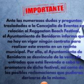 Benidorm se desvincula de la venta de entradas que el Reggaeton Beach Festival 2026 ya está comercializando 