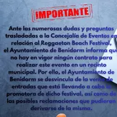 Benidorm se desvincula de la venta de entradas que el Reggaeton Beach Festival 2026 ya está comercializando Benidorm se desvincula de la venta de entradas que el Reggaeton Beach Festival 2026 ya está comercializando