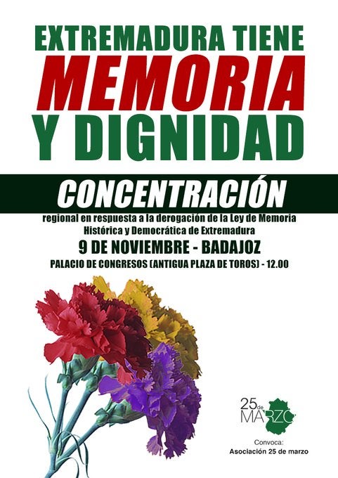 La Asociación 25 de Marzo convocan una protesta el 9 de noviembre en Badajoz contra el "atropello" de la ley de Concordia de PP y Vox La Asociación 25 de Marzo convocan una protesta el 9 de noviembre en Badajoz contra el "atropello" de la ley de Concordia de PP y Vox