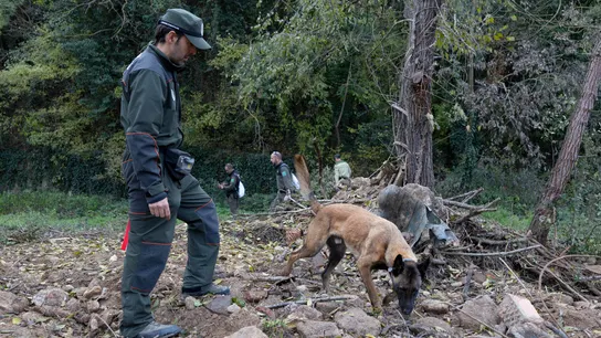 Un agente rural junto con un perro canino Un agente rural junto con un perro canino
