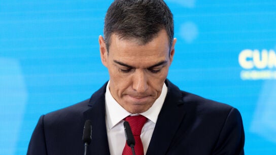 Pedro S&aacute;nchez, presidente del Gobierno, durante una rueda de prensa en el Palacio de la Moncloa
