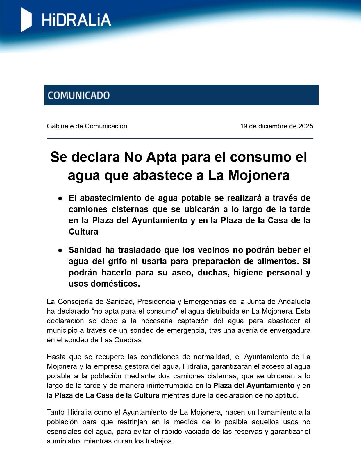 La Consejería de Sanidad declara 'No apta para uso de boca' el agua que abastece a La Mojonera La Consejería de Sanidad declara 'No apta para uso de boca' el agua que abastece a La Mojonera