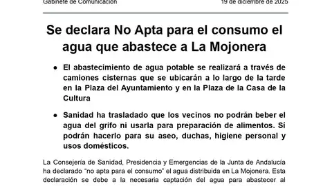La Consejería de Sanidad declara 'No apta para uso de boca' el agua que abastece a La Mojonera La Consejería de Sanidad declara 'No apta para uso de boca' el agua que abastece a La Mojonera